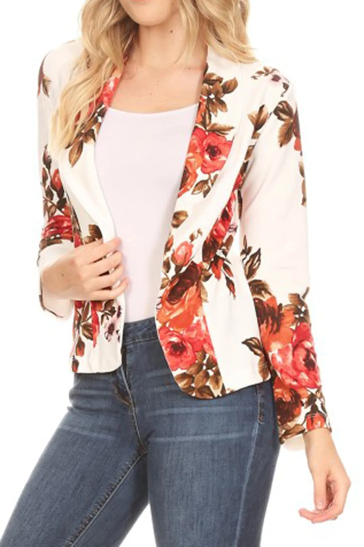 Women's Casual Pattern Print Fitted Open Front Long Sleeves Office Blazer Jacket