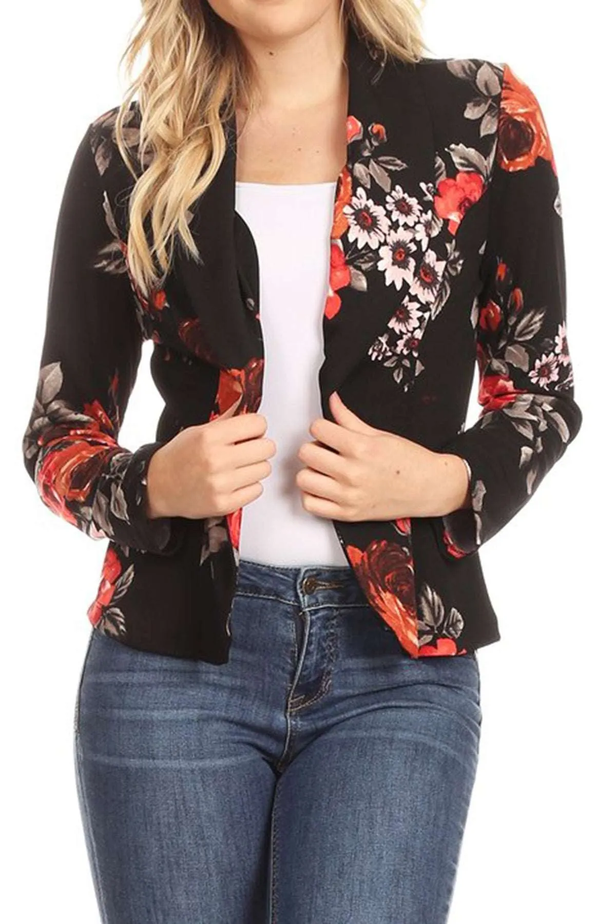 Women's Casual Pattern Print Fitted Open Front Long Sleeves Office Blazer Jacket