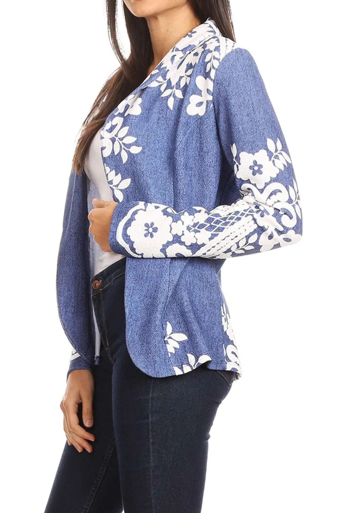Women's Casual Pattern Print Fitted Open Front Long Sleeves Office Blazer Jacket