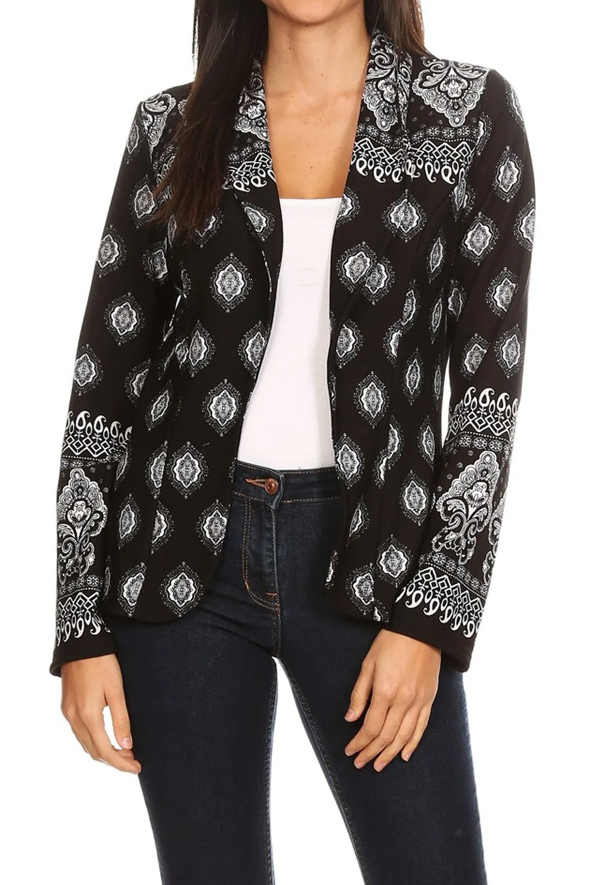 Women's Casual Pattern Print Fitted Open Front Long Sleeves Office Blazer Jacket