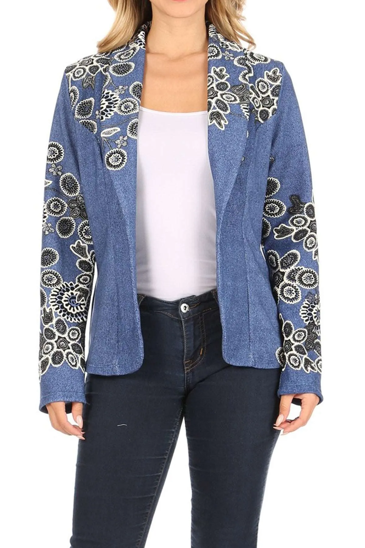 Women's Casual Pattern Print Fitted Open Front Long Sleeves Office Blazer Jacket