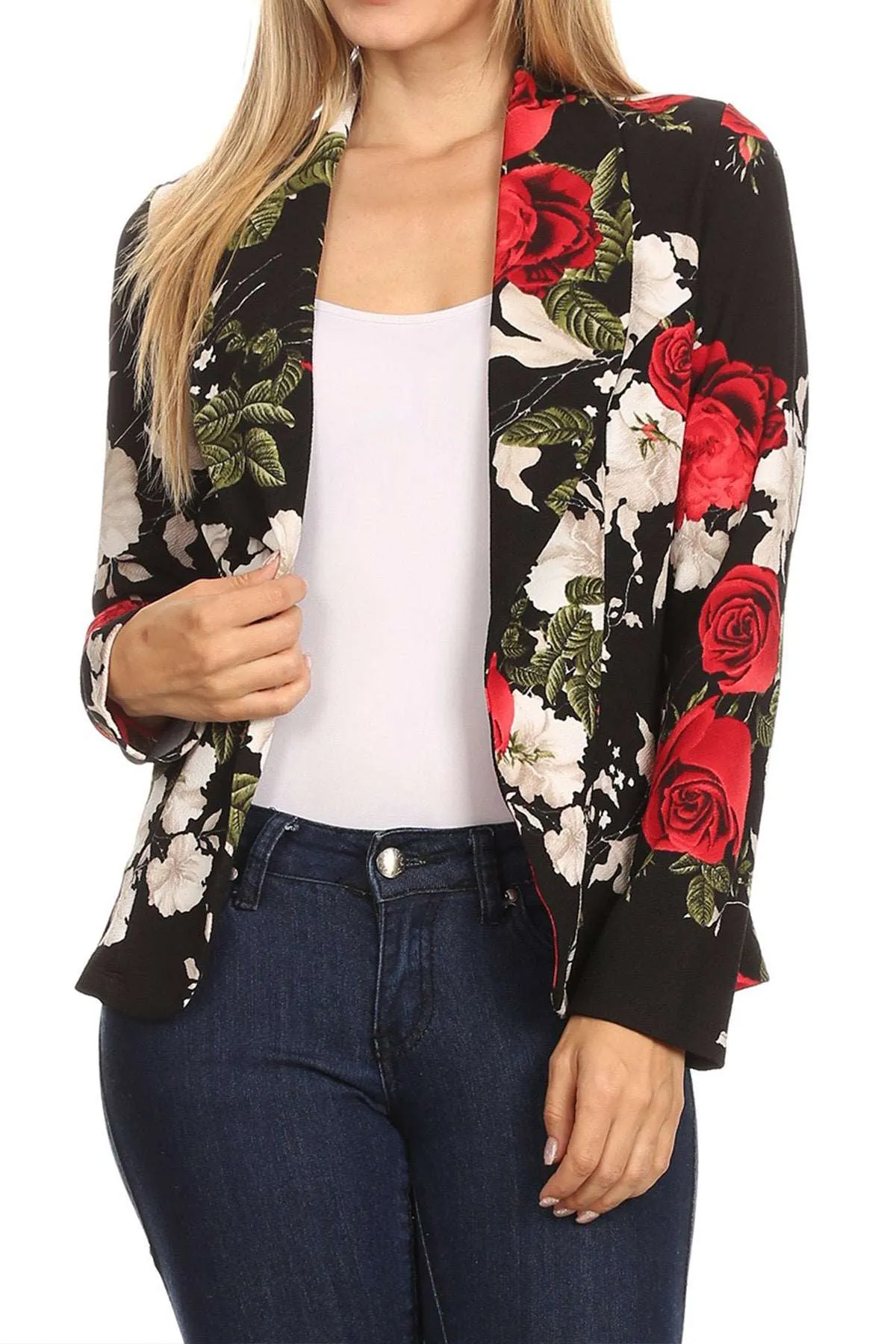 Women's Casual Pattern Print Fitted Open Front Long Sleeves Office Blazer Jacket