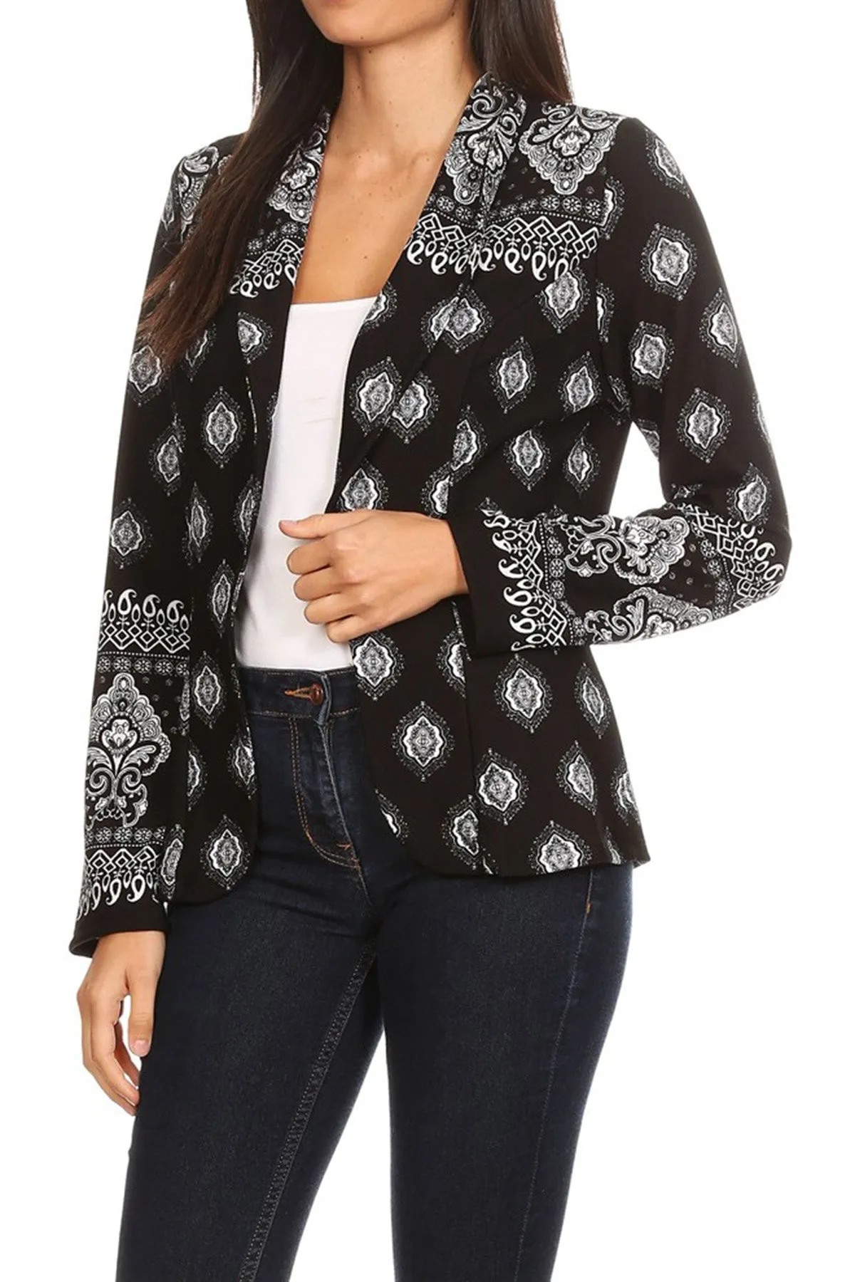 Women's Casual Pattern Print Fitted Open Front Long Sleeves Office Blazer Jacket