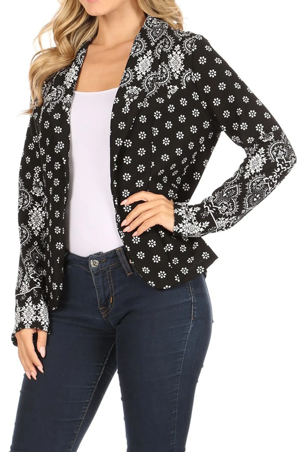 Women's Casual Pattern Print Fitted Open Front Long Sleeves Office Blazer Jacket
