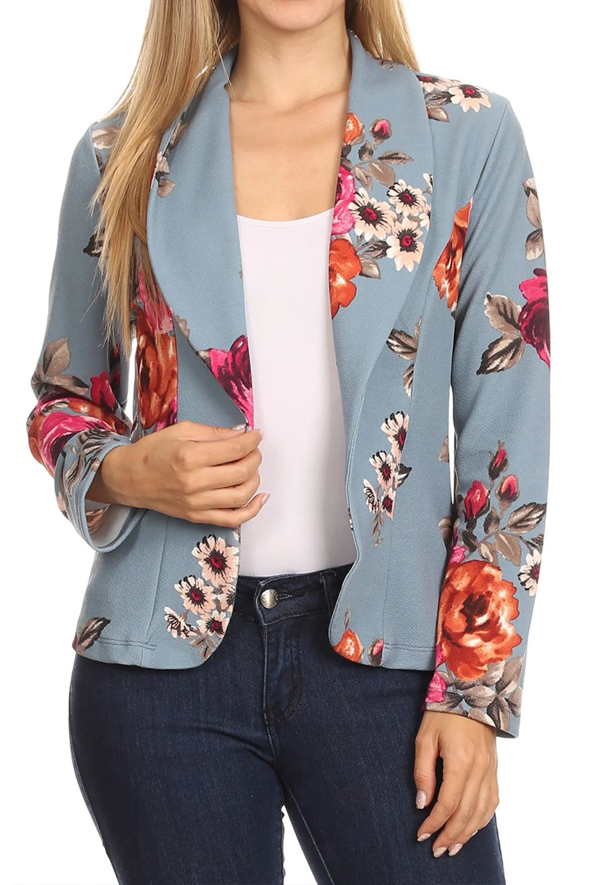 Women's Casual Pattern Print Fitted Open Front Long Sleeves Office Blazer Jacket
