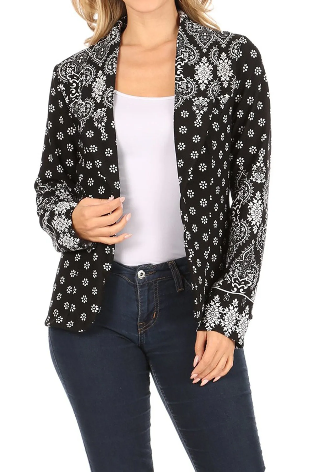 Women's Casual Pattern Print Fitted Open Front Long Sleeves Office Blazer Jacket