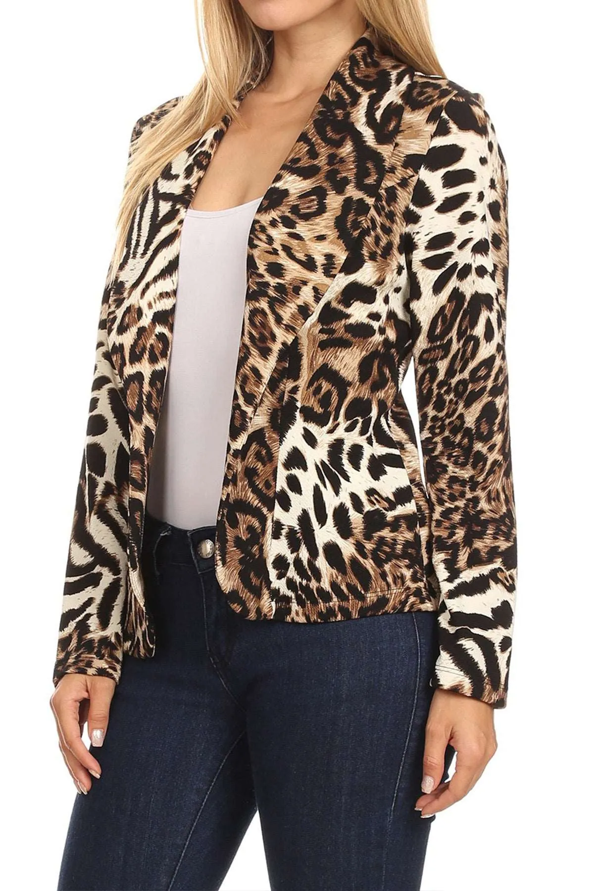 Women's Casual Pattern Print Fitted Open Front Long Sleeves Office Blazer Jacket