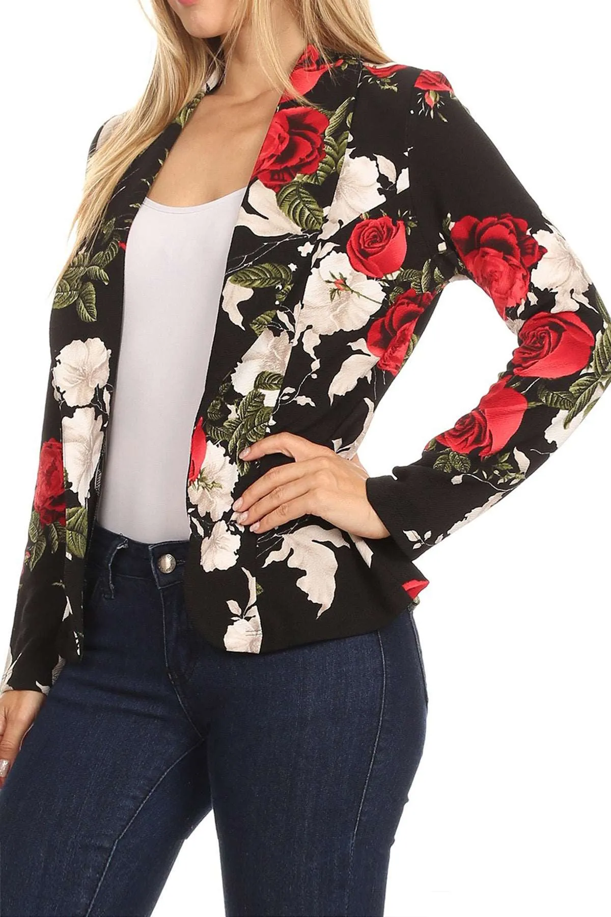 Women's Casual Pattern Print Fitted Open Front Long Sleeves Office Blazer Jacket