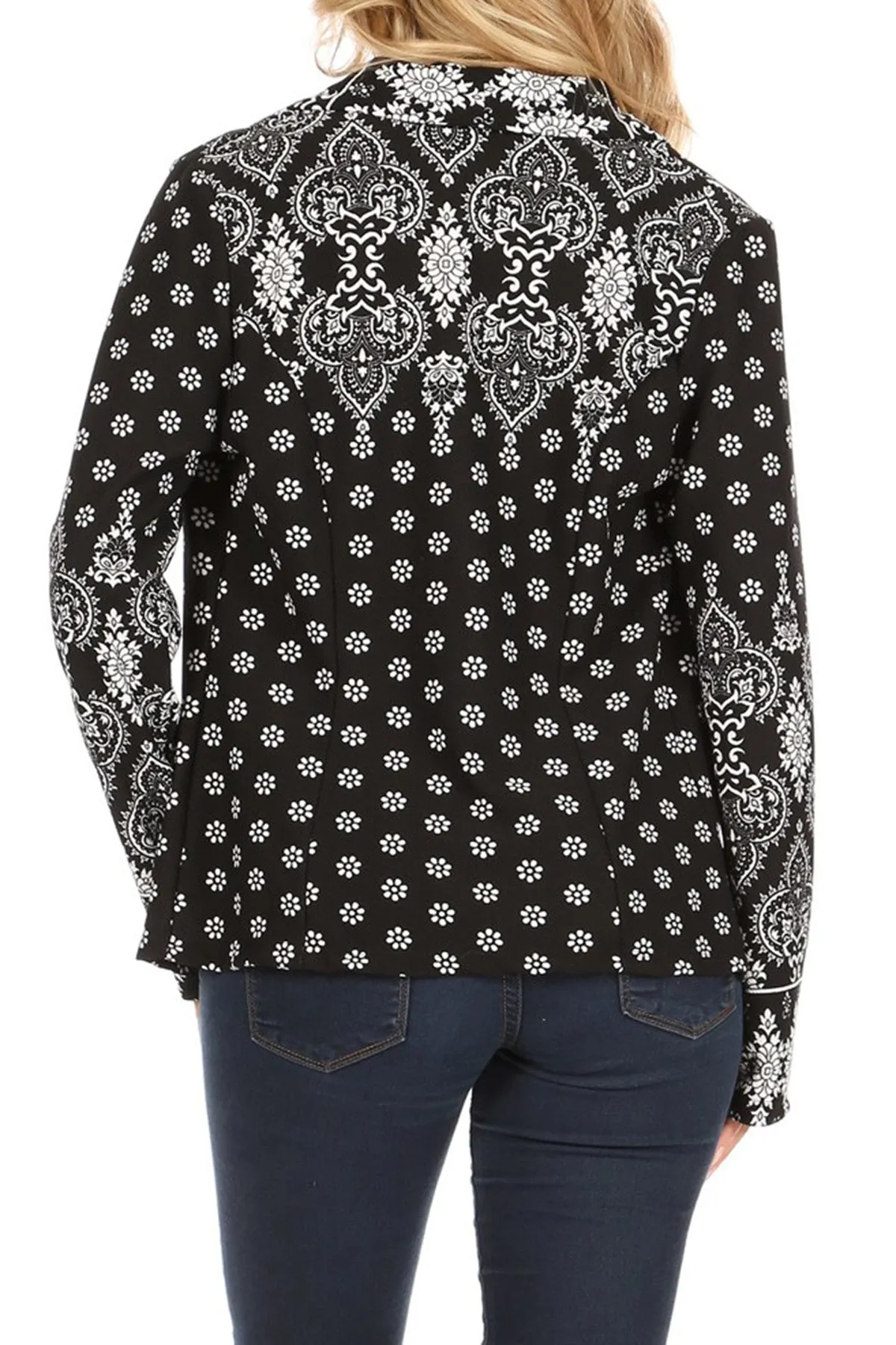 Women's Casual Pattern Print Fitted Open Front Long Sleeves Office Blazer Jacket