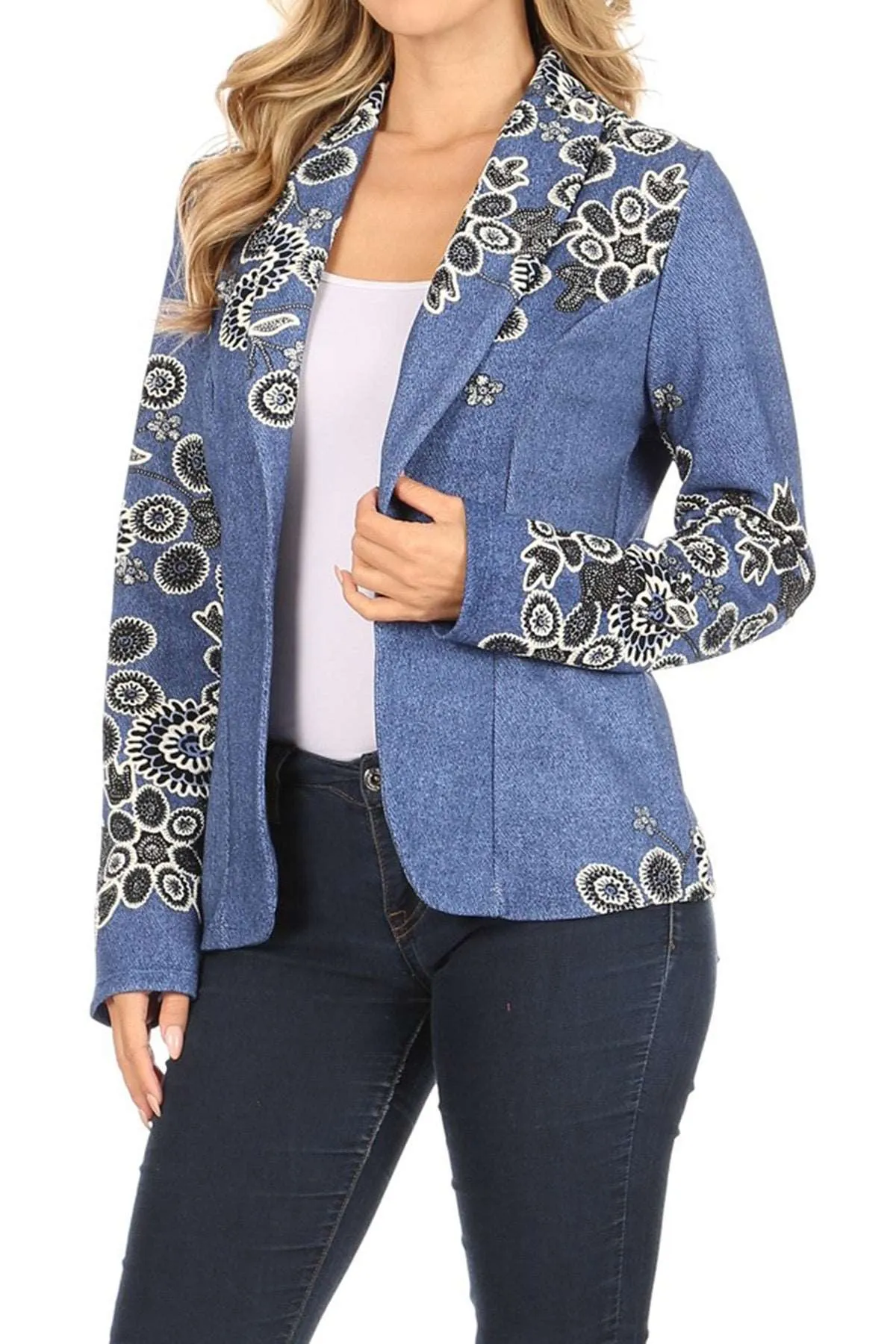 Women's Casual Pattern Print Fitted Open Front Long Sleeves Office Blazer Jacket