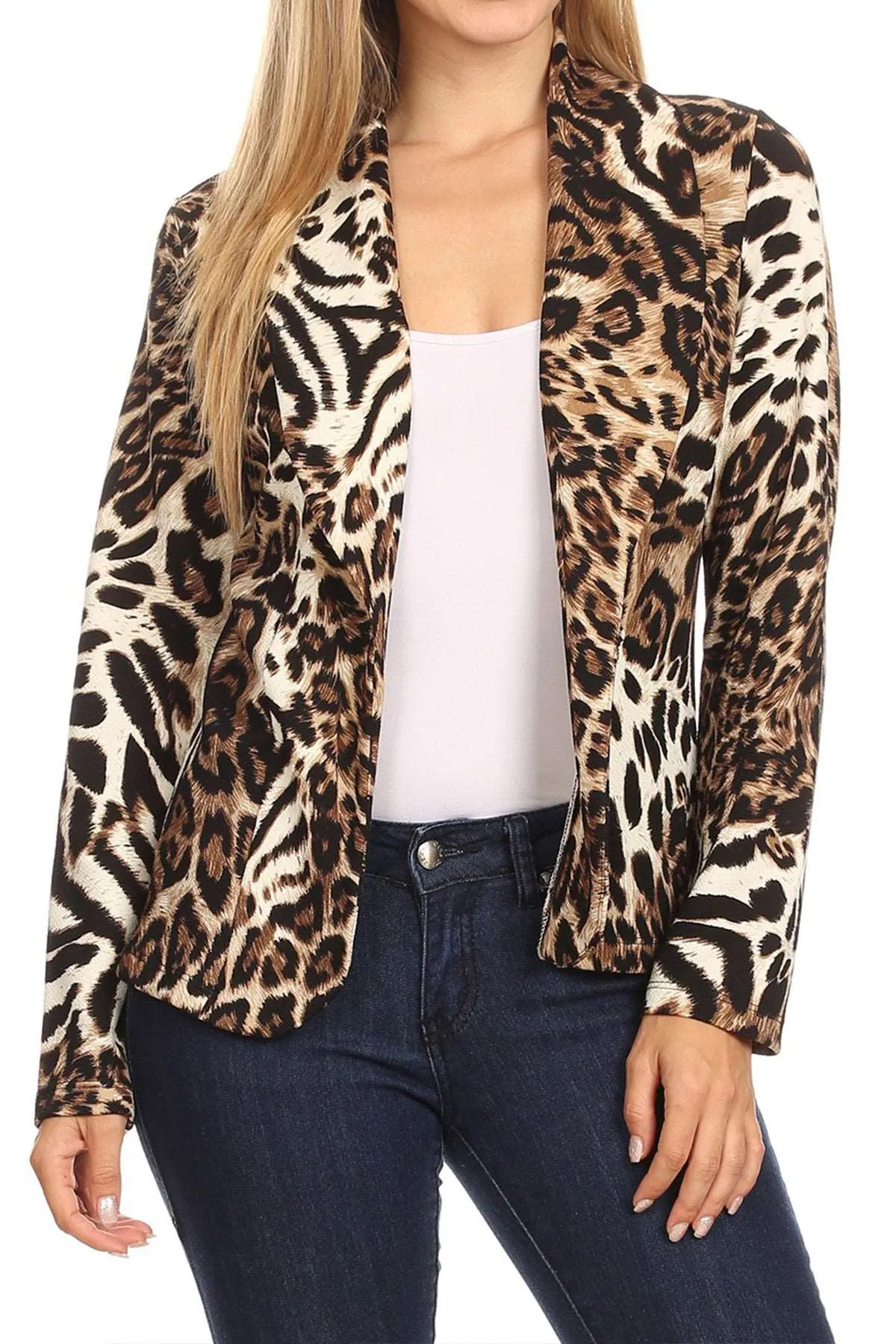Women's Casual Pattern Print Fitted Open Front Long Sleeves Office Blazer Jacket