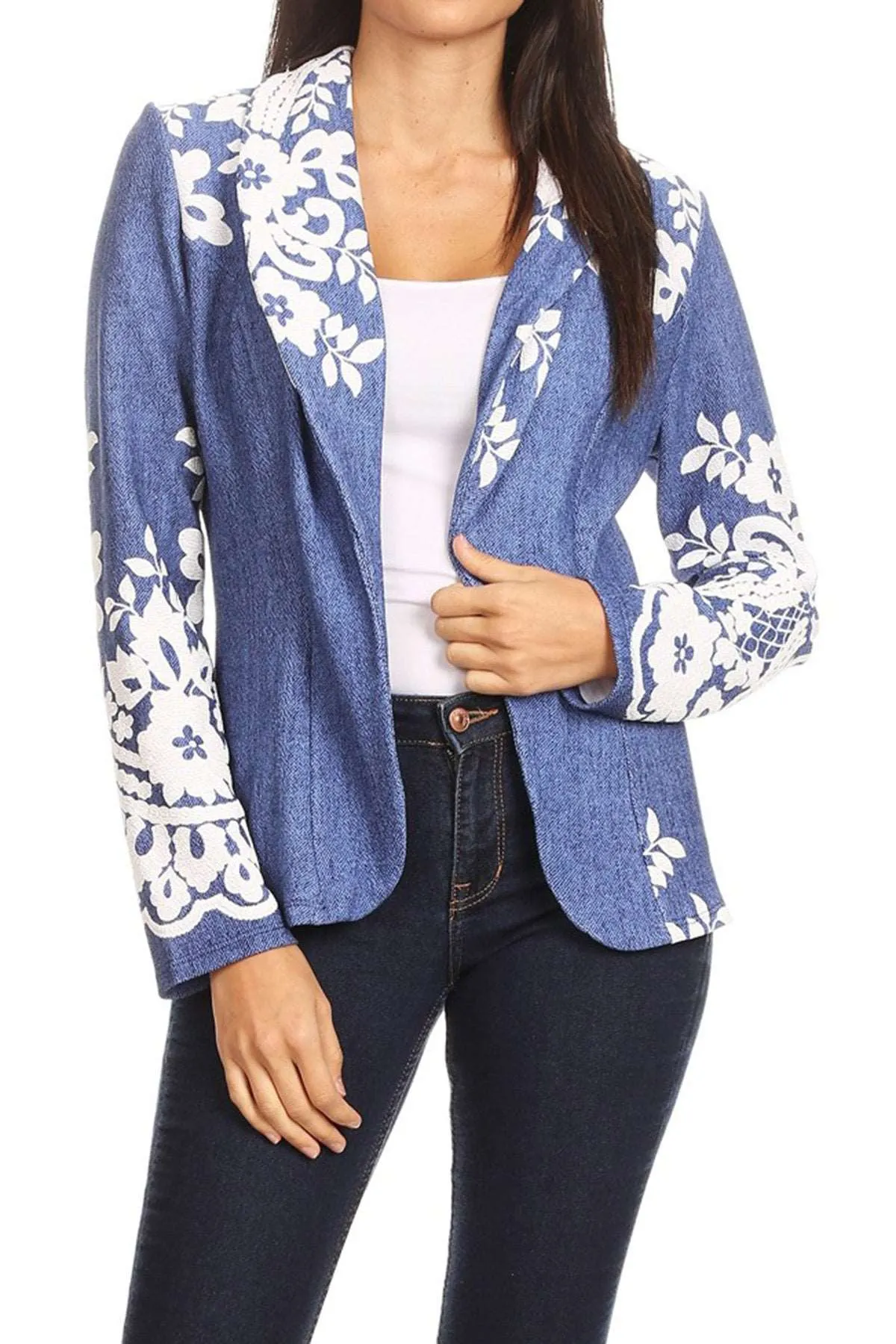 Women's Casual Pattern Print Fitted Open Front Long Sleeves Office Blazer Jacket