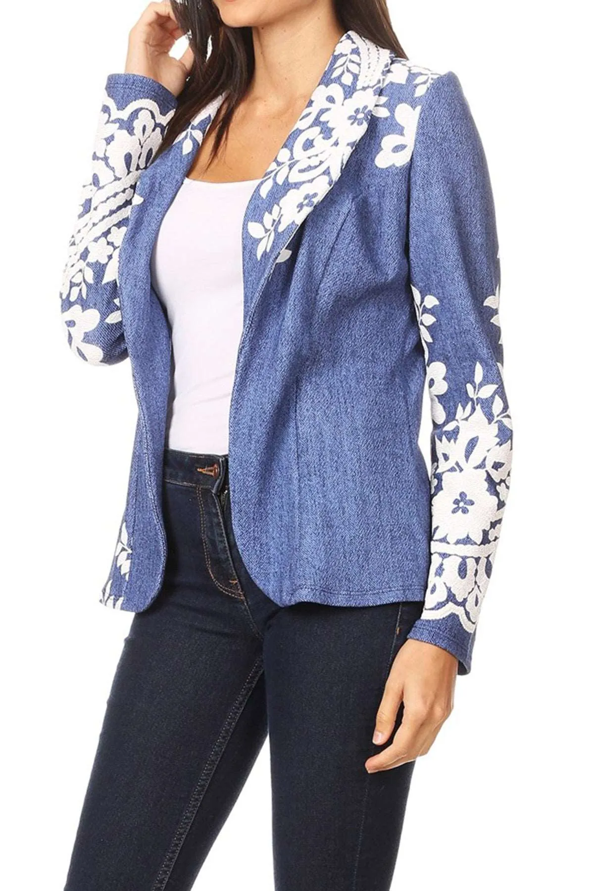 Women's Casual Pattern Print Fitted Open Front Long Sleeves Office Blazer Jacket