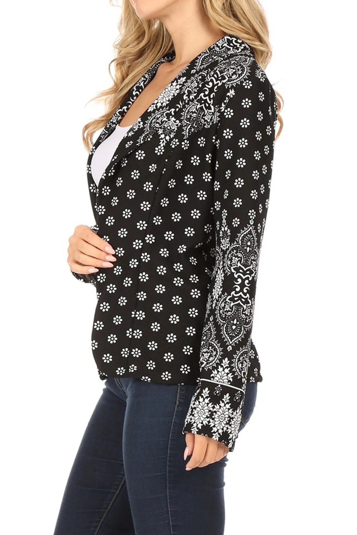 Women's Casual Pattern Print Fitted Open Front Long Sleeves Office Blazer Jacket