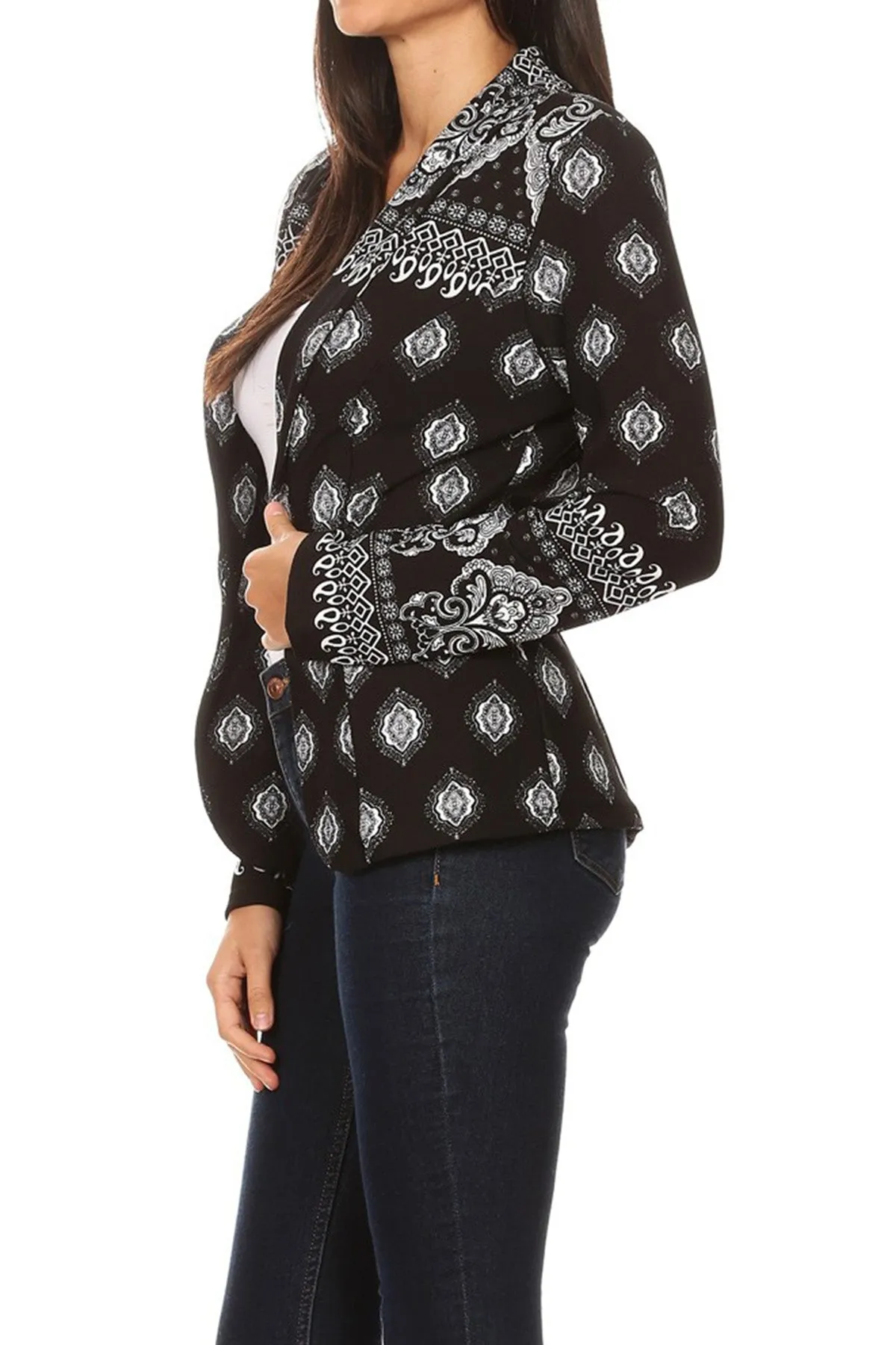 Women's Casual Pattern Print Fitted Open Front Long Sleeves Office Blazer Jacket