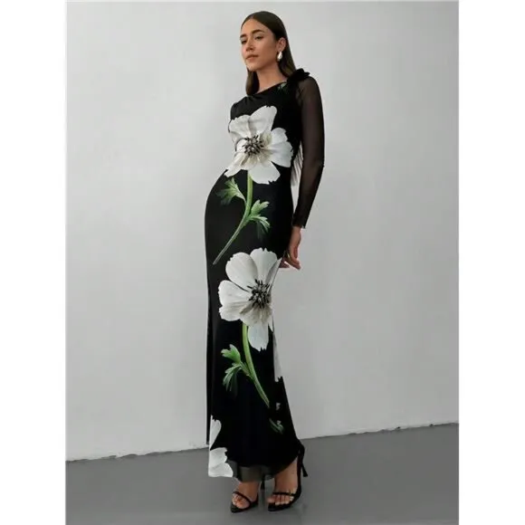 Women's Romantic Floral Printed Mermaid Long Sleeve Maxi Dress Photoshoot Dress