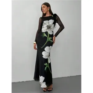Women's Romantic Floral Printed Mermaid Long Sleeve Maxi Dress Photoshoot Dress