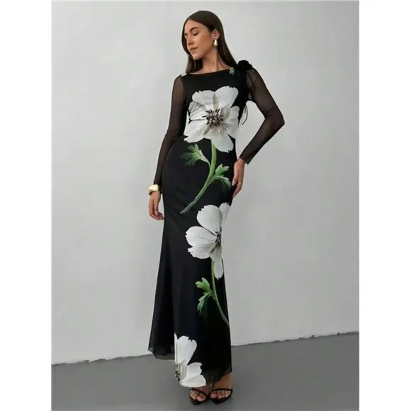 Women's Romantic Floral Printed Mermaid Long Sleeve Maxi Dress Photoshoot Dress