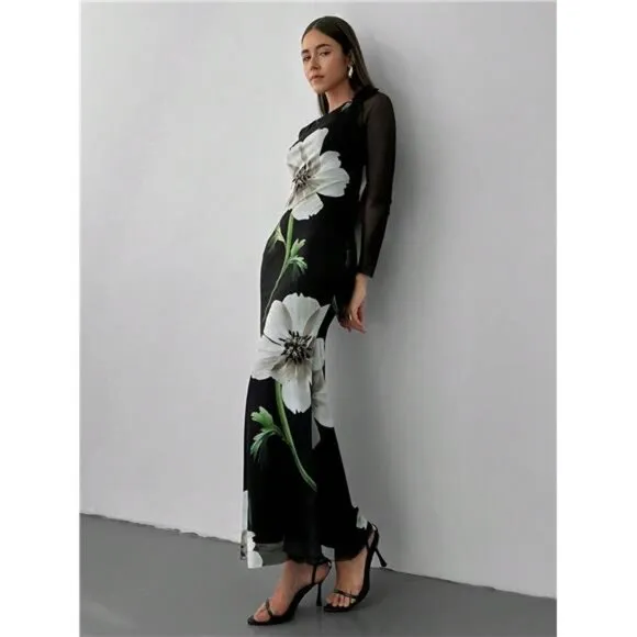 Women's Romantic Floral Printed Mermaid Long Sleeve Maxi Dress Photoshoot Dress