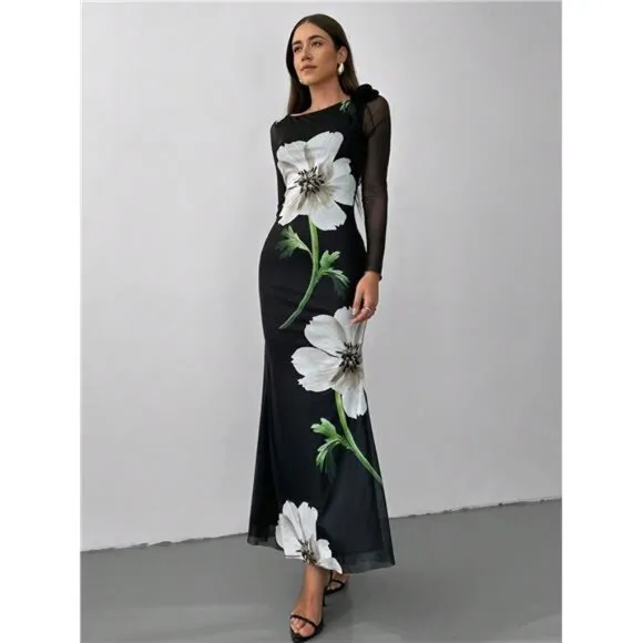 Women's Romantic Floral Printed Mermaid Long Sleeve Maxi Dress Photoshoot Dress