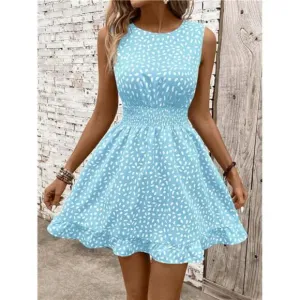 Women's Sleeveless Casual Dress With All-Over Print And Drawstring Waist