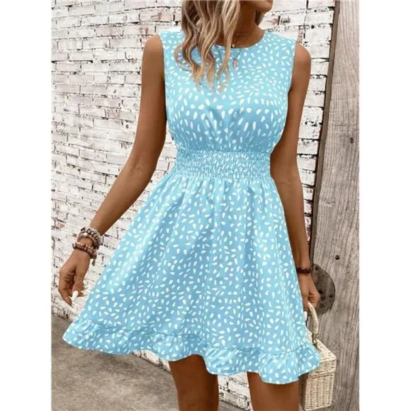 Women's Sleeveless Casual Dress With All-Over Print And Drawstring Waist