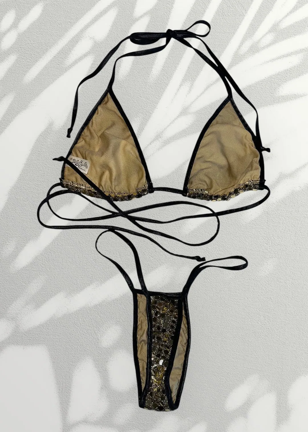 Y2K Golden Disco Double Lined Bikini Skimpy-Side Thong Swim Set | Boho Vintage Deadstock
