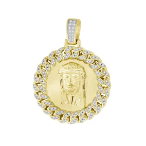 Yellow-tone Sterling Silver Womens Round Cubic Zirconia CZ Jesus Face Cub link Circle Shape Fashion Pendant