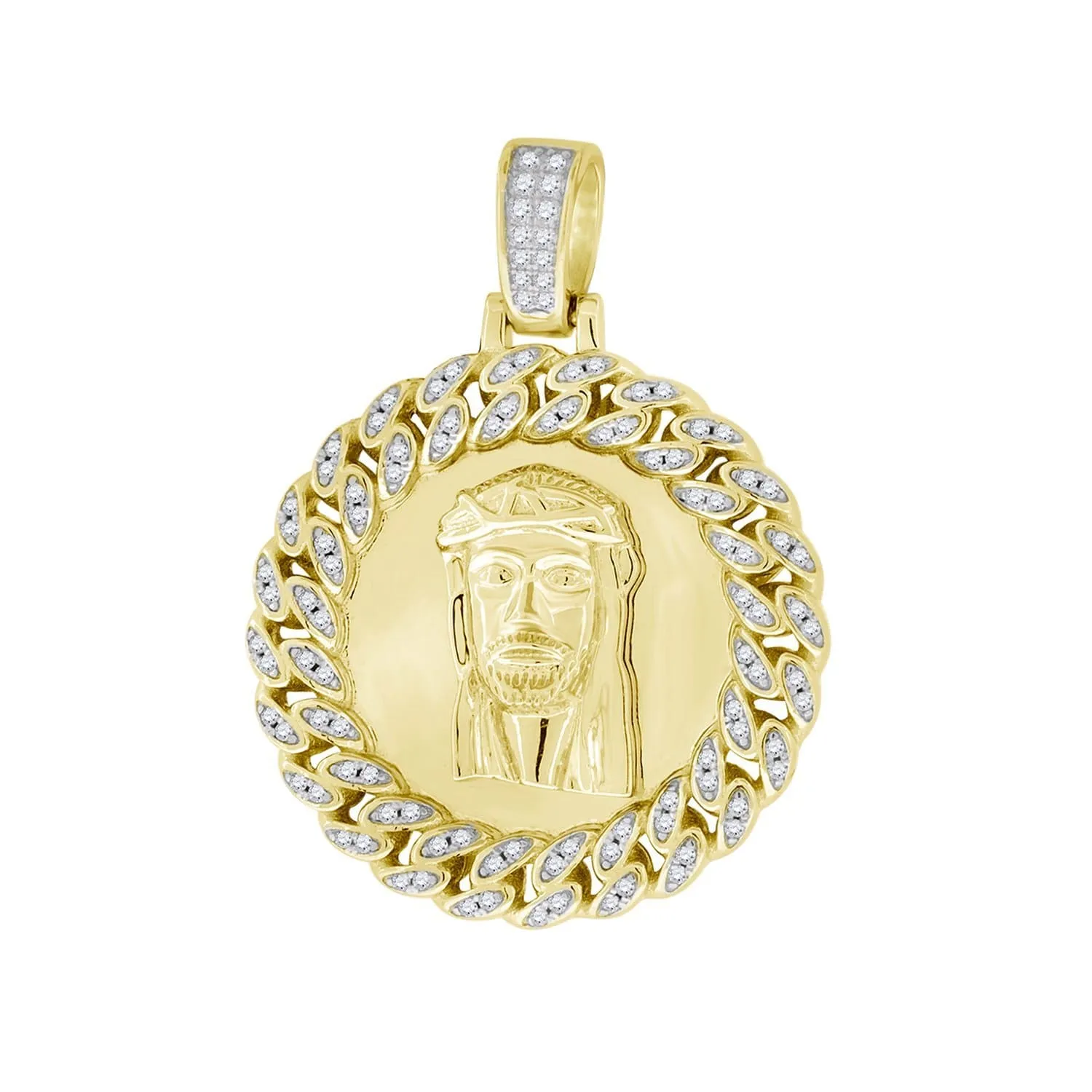 Yellow-tone Sterling Silver Womens Round Cubic Zirconia CZ Jesus Face Cub link Circle Shape Fashion Pendant