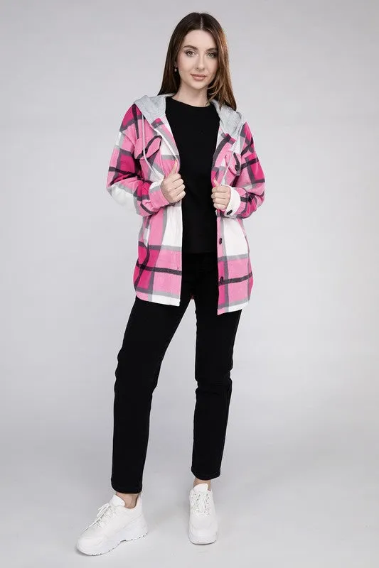 ZENANA Plaid Drawstring Hooded Fleece Shacket