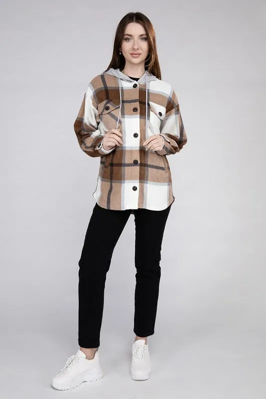 ZENANA Plaid Drawstring Hooded Fleece Shacket