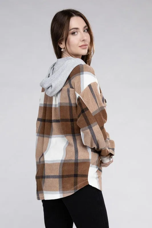 ZENANA Plaid Drawstring Hooded Fleece Shacket
