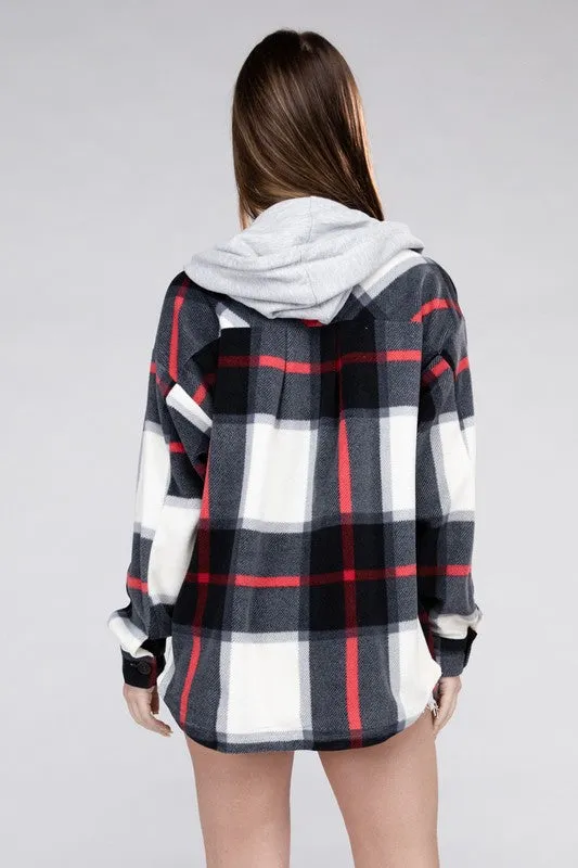 ZENANA Plaid Drawstring Hooded Fleece Shacket