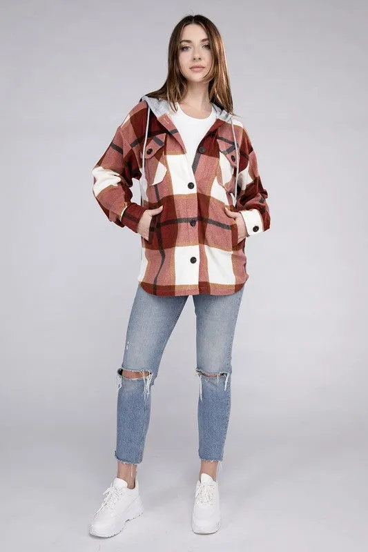 ZENANA Plaid Drawstring Hooded Fleece Shacket