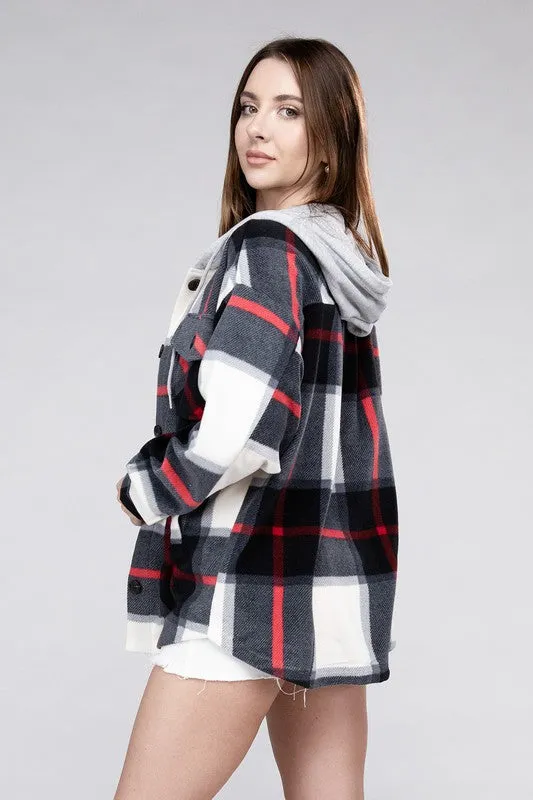 ZENANA Plaid Drawstring Hooded Fleece Shacket