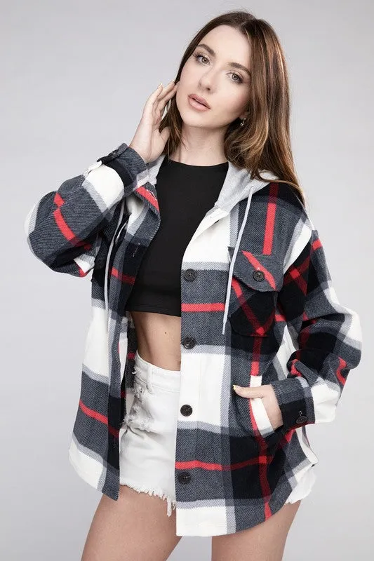 ZENANA Plaid Drawstring Hooded Fleece Shacket