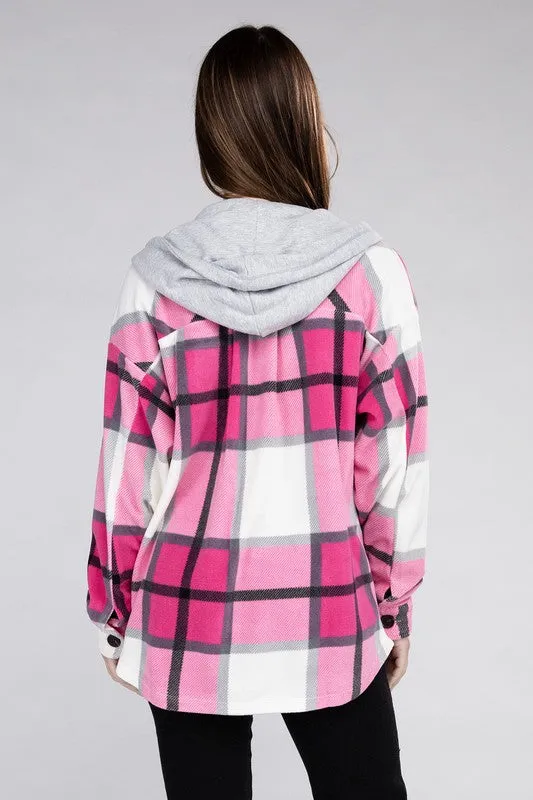 ZENANA Plaid Drawstring Hooded Fleece Shacket