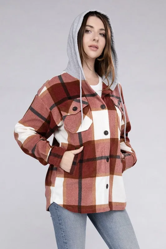 ZENANA Plaid Drawstring Hooded Fleece Shacket