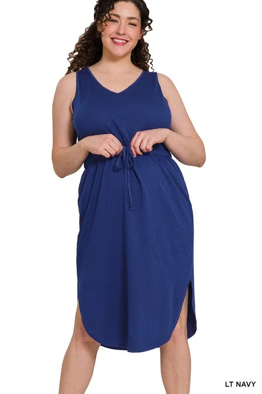 ZENANA Plus Drawstring Waist Curved Hem Dress