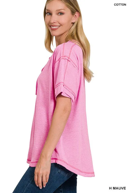 ZENANA Raw Edge Detailed Button Closure Short Sleeve Top