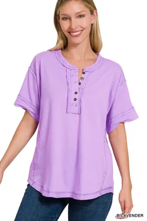 ZENANA Raw Edge Detailed Button Closure Short Sleeve Top
