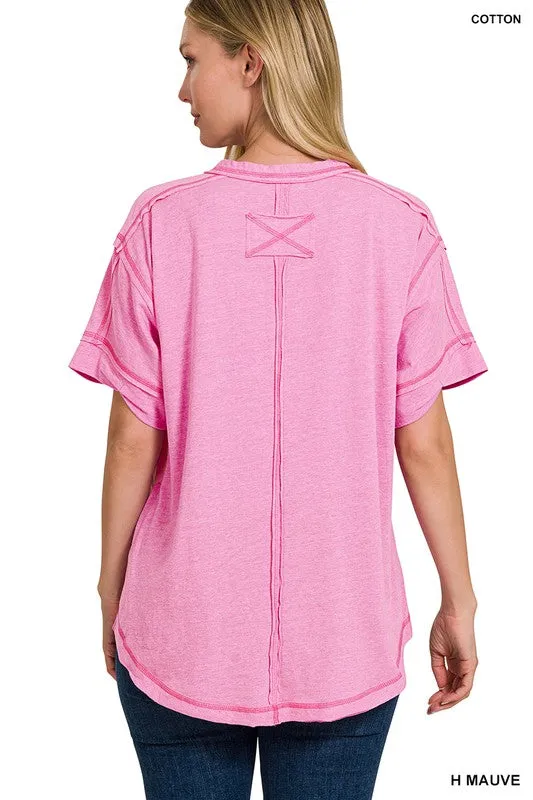 ZENANA Raw Edge Detailed Button Closure Short Sleeve Top