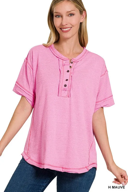 ZENANA Raw Edge Detailed Button Closure Short Sleeve Top