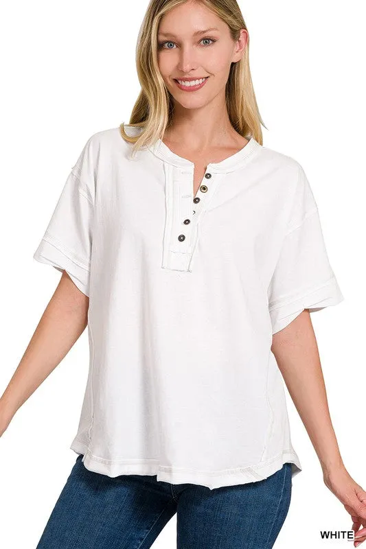 ZENANA Raw Edge Detailed Button Closure Short Sleeve Top