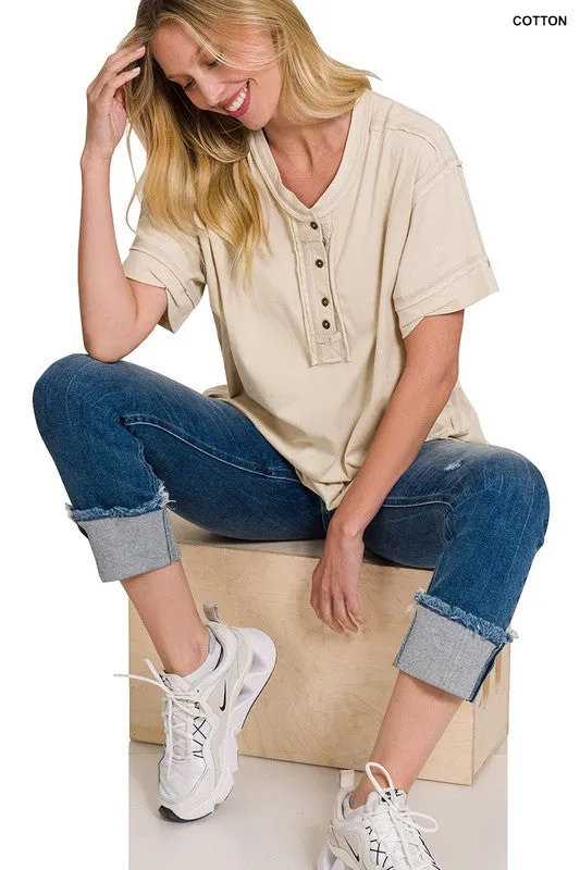 ZENANA Raw Edge Detailed Button Closure Short Sleeve Top